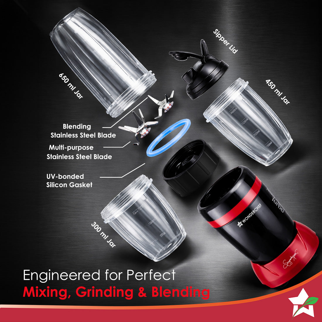 Wonderchef Nutri-Blend Turbo 750W Mixer Grinder Blender Smoothie Maker, 22000 RPM, 3 Jars, Stainless-Steel Blades, Sippe