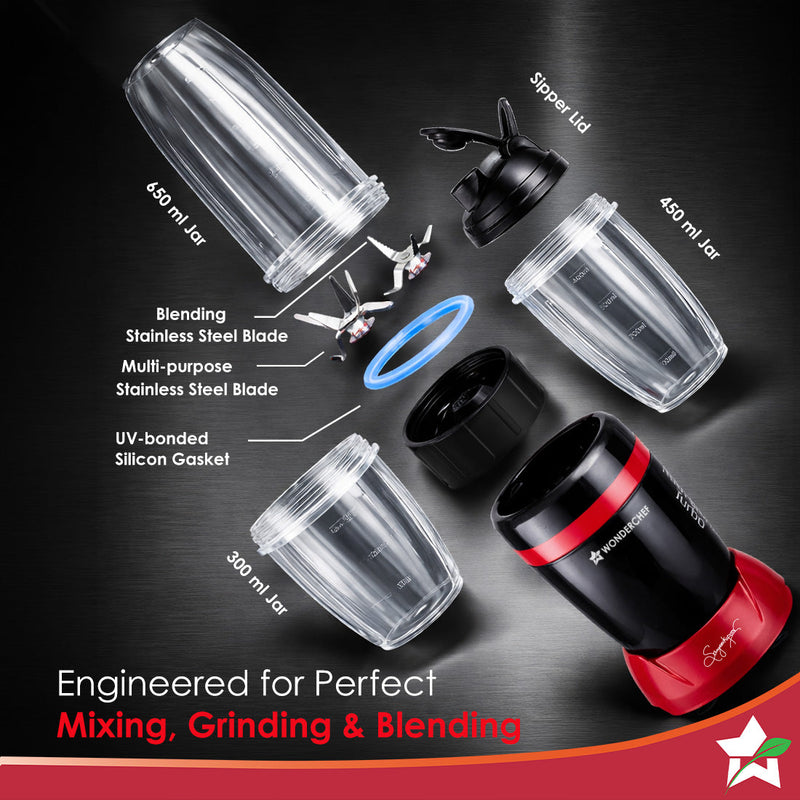 Wonderchef Nutri-Blend Turbo 750W Mixer Grinder Blender Smoothie Maker, 22000 RPM, 3 Jars, Stainless-Steel Blades, Sippe