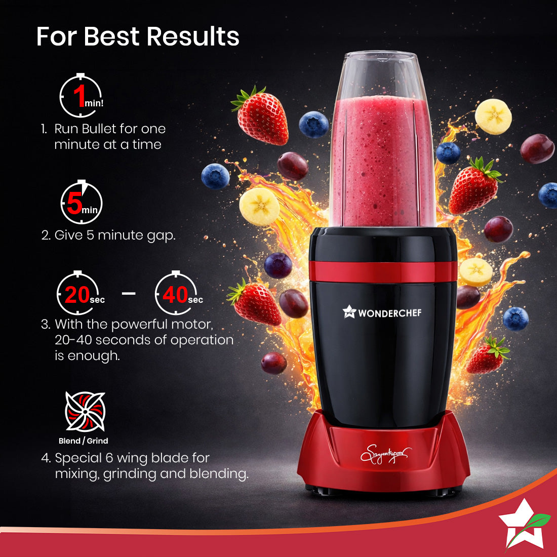 Wonderchef Nutri-Blend Turbo 750W Mixer Grinder Blender Smoothie Maker, 22000 RPM, 3 Jars, Stainless-Steel Blades, Sippe