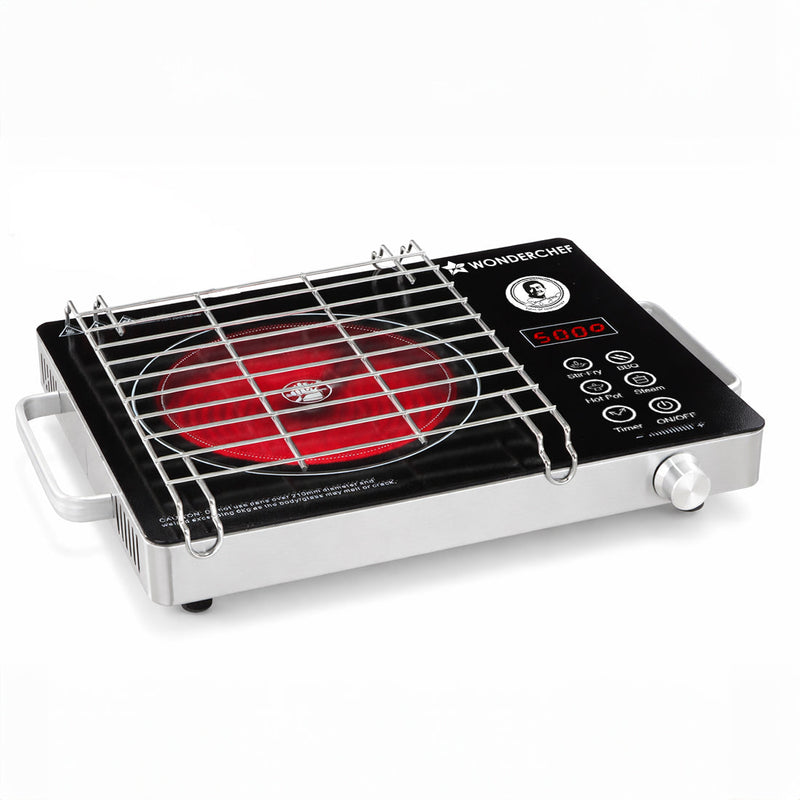 Wonderchef Evita Infrared Electric Cooktop | 2200W | Auto Shut-Off | Stainless Steel Grill for Barbecues | LED Display |