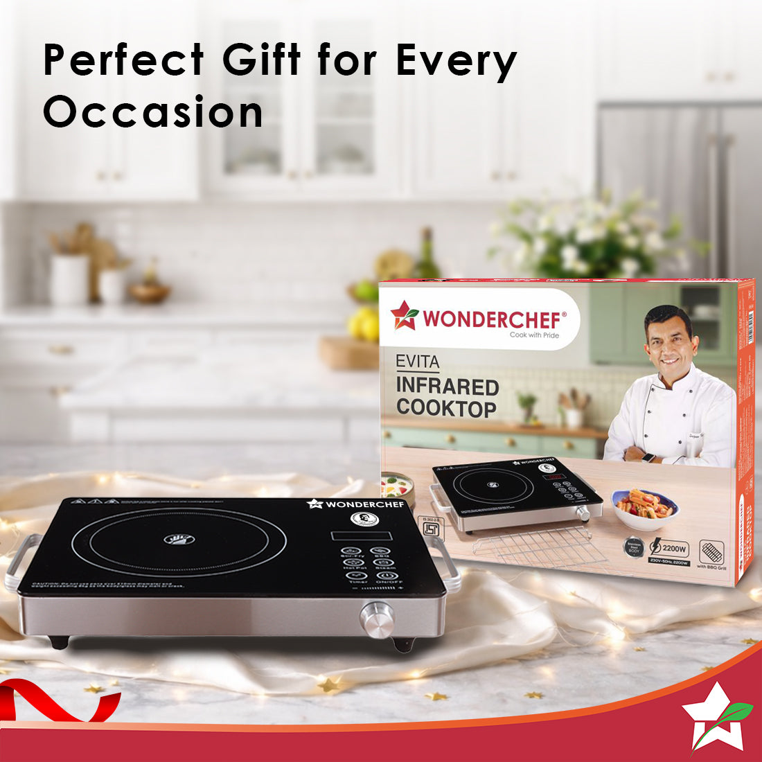 Wonderchef Evita Infrared Electric Cooktop | 2200W | Auto Shut-Off | Stainless Steel Grill for Barbecues | LED Display |