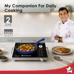 Wonderchef Smart Cook Infrared Electric Cooktop, Crystal Glass Surface, Single Burner with 2 Heat Settings, BBQ Grill, 2