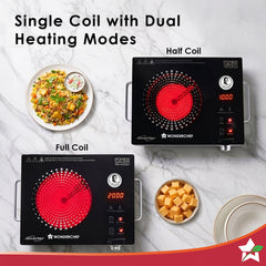 Wonderchef Smart Cook Infrared Electric Cooktop, Crystal Glass Surface, Single Burner with 2 Heat Settings, BBQ Grill, 2