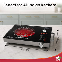 Wonderchef Smart Cook Infrared Electric Cooktop, Crystal Glass Surface, Single Burner with 2 Heat Settings, BBQ Grill, 2