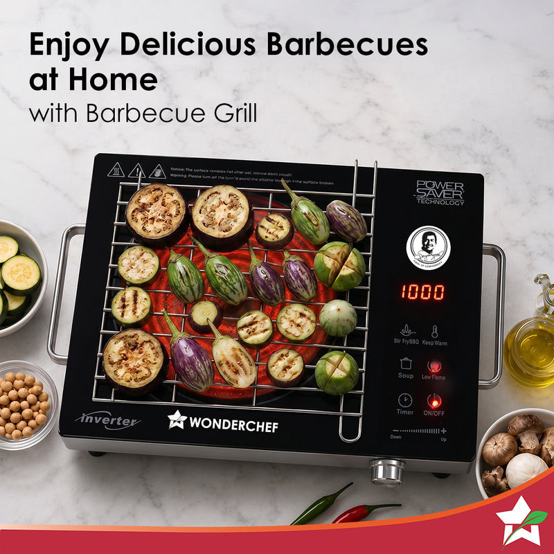Wonderchef Smart Cook Infrared Electric Cooktop, Crystal Glass Surface, Single Burner with 2 Heat Settings, BBQ Grill, 2