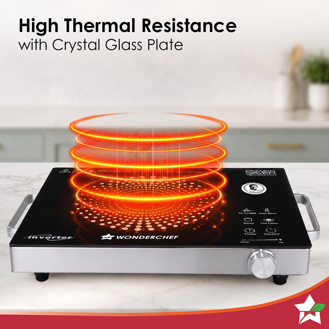 Wonderchef Smart Cook Infrared Electric Cooktop, Crystal Glass Surface, Single Burner with 2 Heat Settings, BBQ Grill, 2