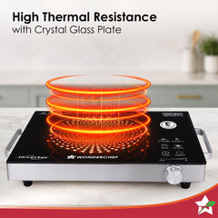 Wonderchef Smart Cook Infrared Electric Cooktop, Crystal Glass Surface, Single Burner with 2 Heat Settings, BBQ Grill, 2