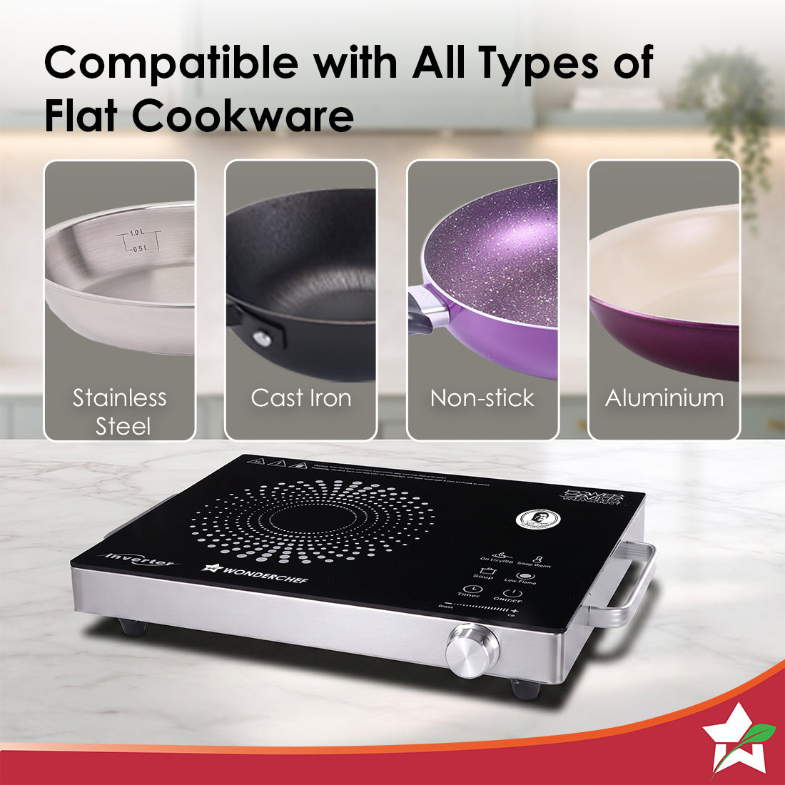 Wonderchef Smart Cook Infrared Electric Cooktop, Crystal Glass Surface, Single Burner with 2 Heat Settings, BBQ Grill, 2