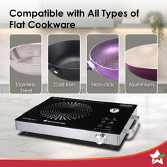 Wonderchef Smart Cook Infrared Electric Cooktop, Crystal Glass Surface, Single Burner with 2 Heat Settings, BBQ Grill, 2
