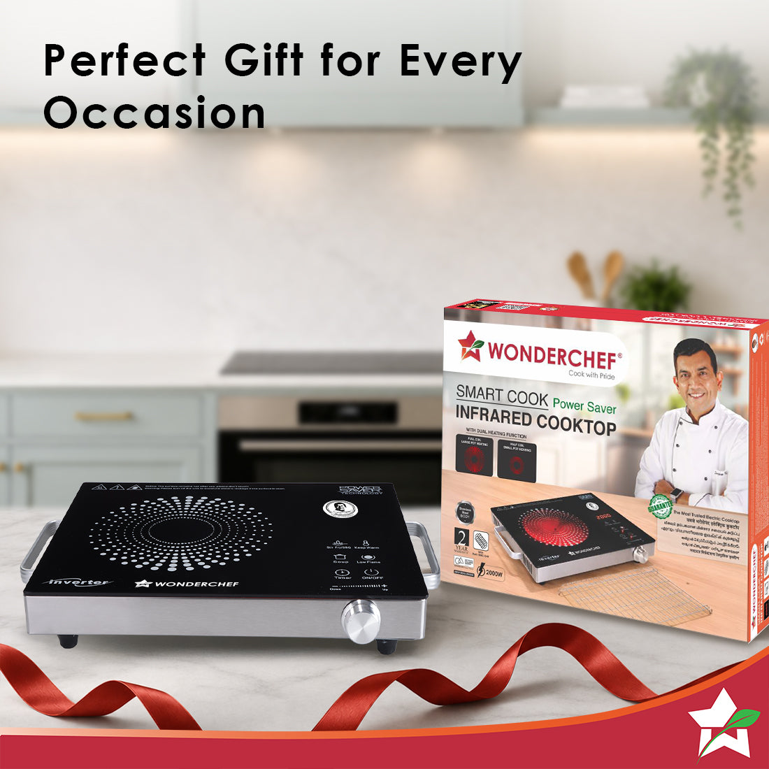 Wonderchef Smart Cook Infrared Electric Cooktop, Crystal Glass Surface, Single Burner with 2 Heat Settings, BBQ Grill, 2
