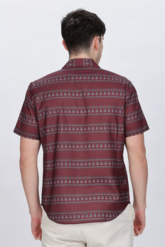 Printed Red Cuban Collar Casual Shirt Retro Men-3