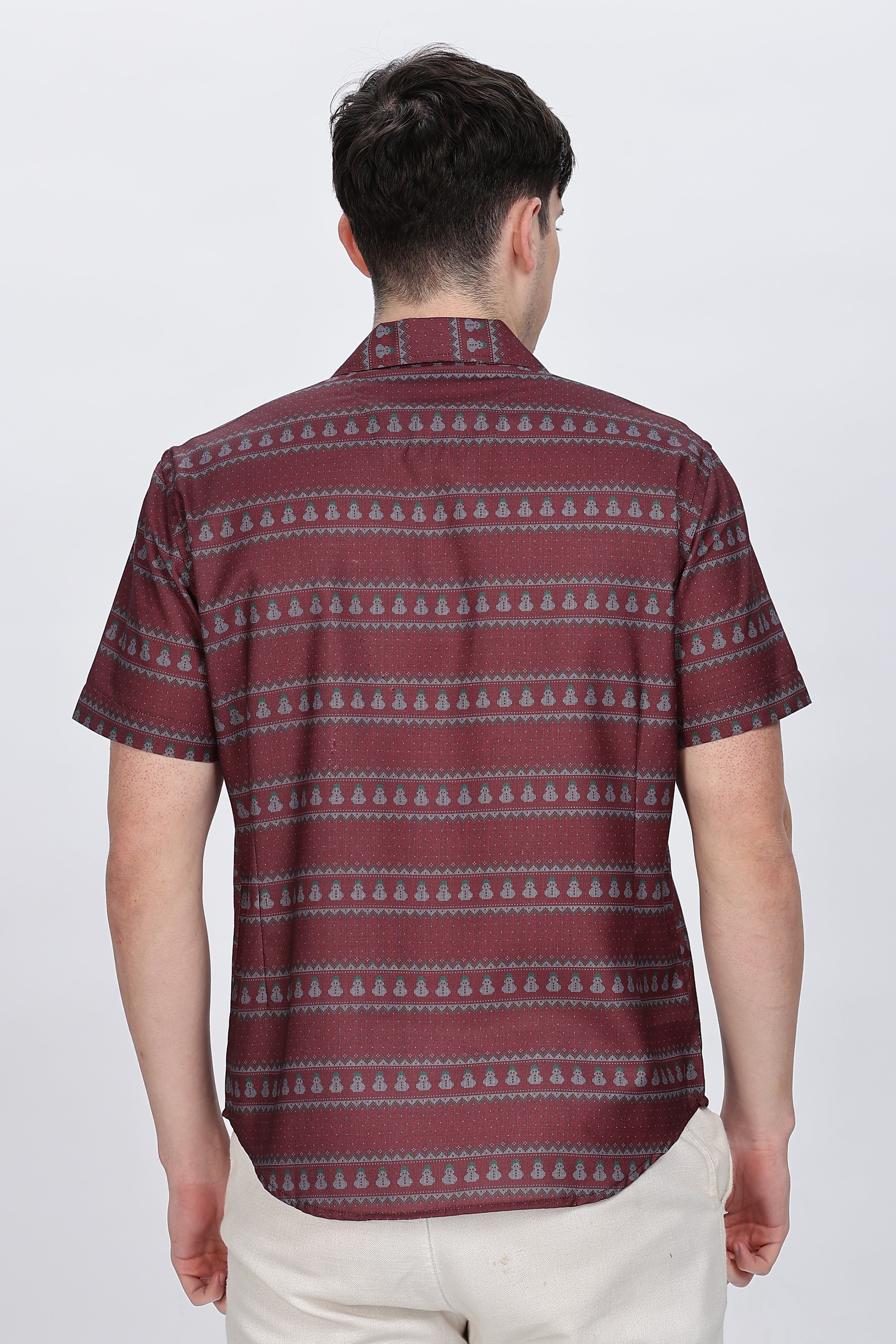Printed Red Cuban Collar Casual Shirt Retro Men-3