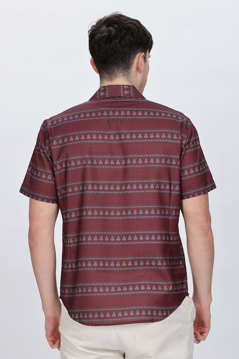 Printed Red Cuban Collar Casual Shirt Retro Men-3