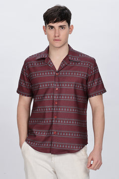 Printed Red Cuban Collar Casual Shirt Retro Men-8