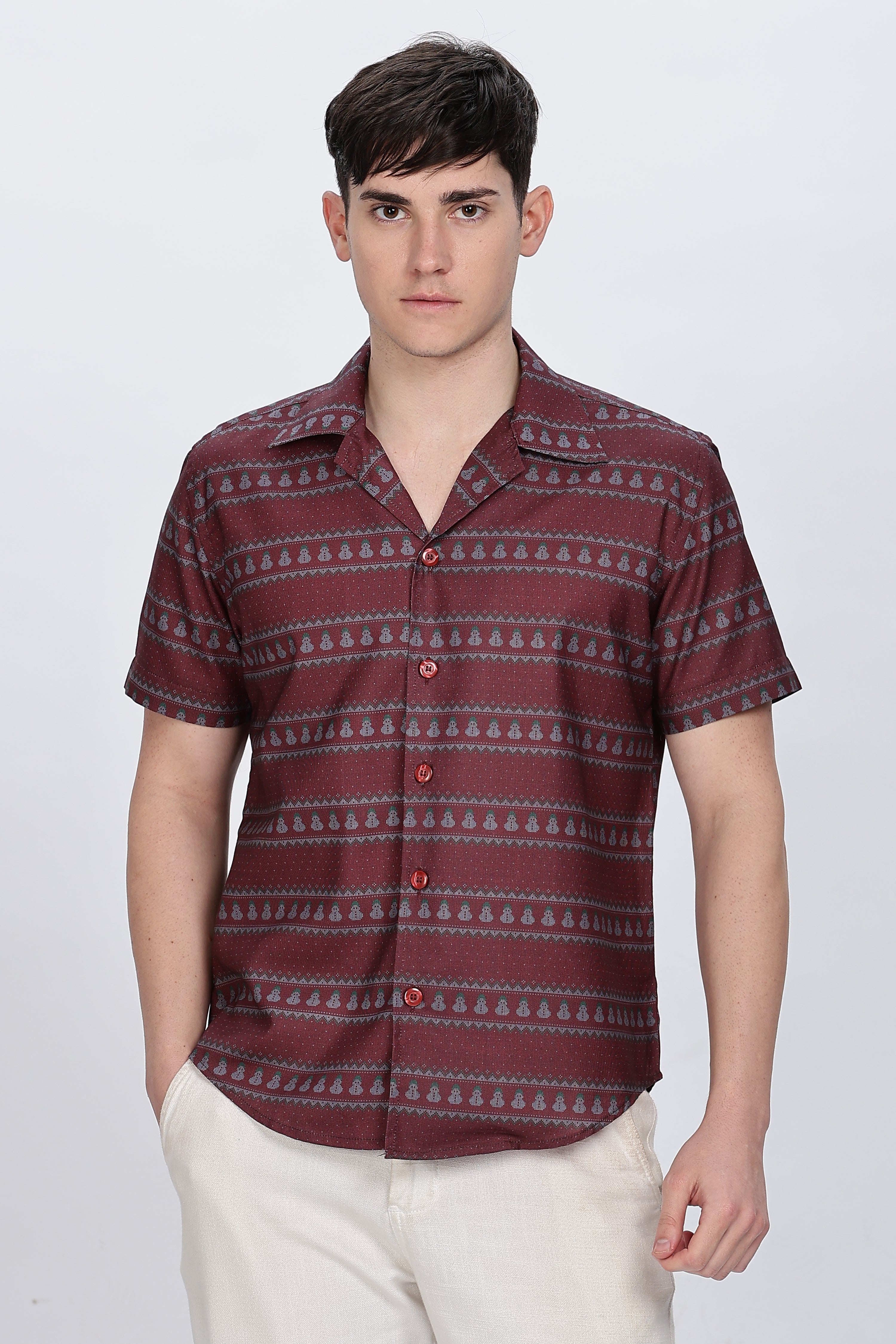 Printed Red Cuban Collar Casual Shirt Retro Men-8