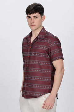 Printed Red Cuban Collar Casual Shirt Retro Men-7