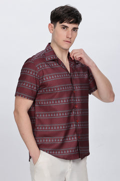 Printed Red Cuban Collar Casual Shirt Retro Men-2