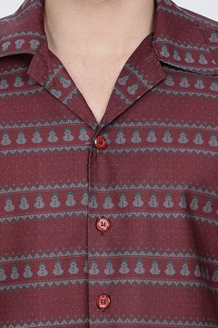 Printed Red Cuban Collar Casual Shirt Retro Men-6
