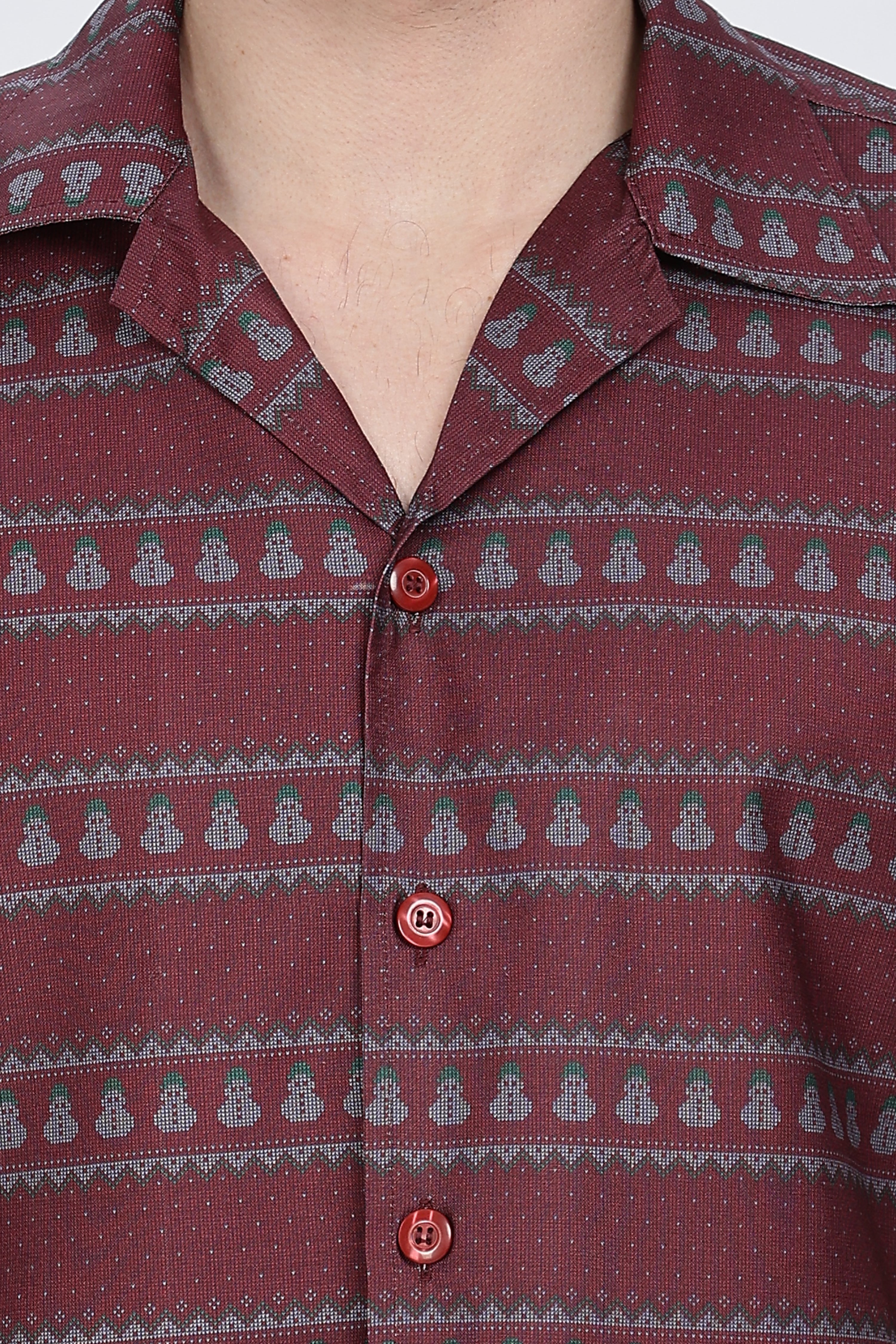 Printed Red Cuban Collar Casual Shirt Retro Men-6