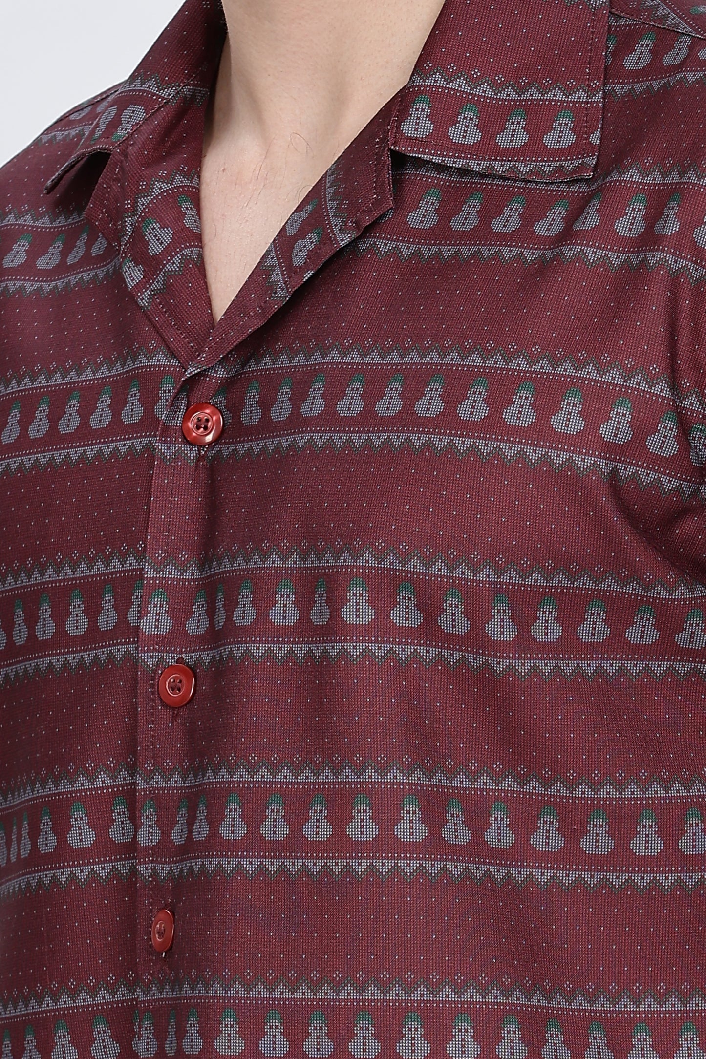 Printed Red Cuabn Collar Casual Shirt