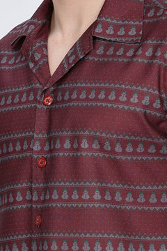 Printed Red Cuban Collar Casual Shirt Retro Men-5