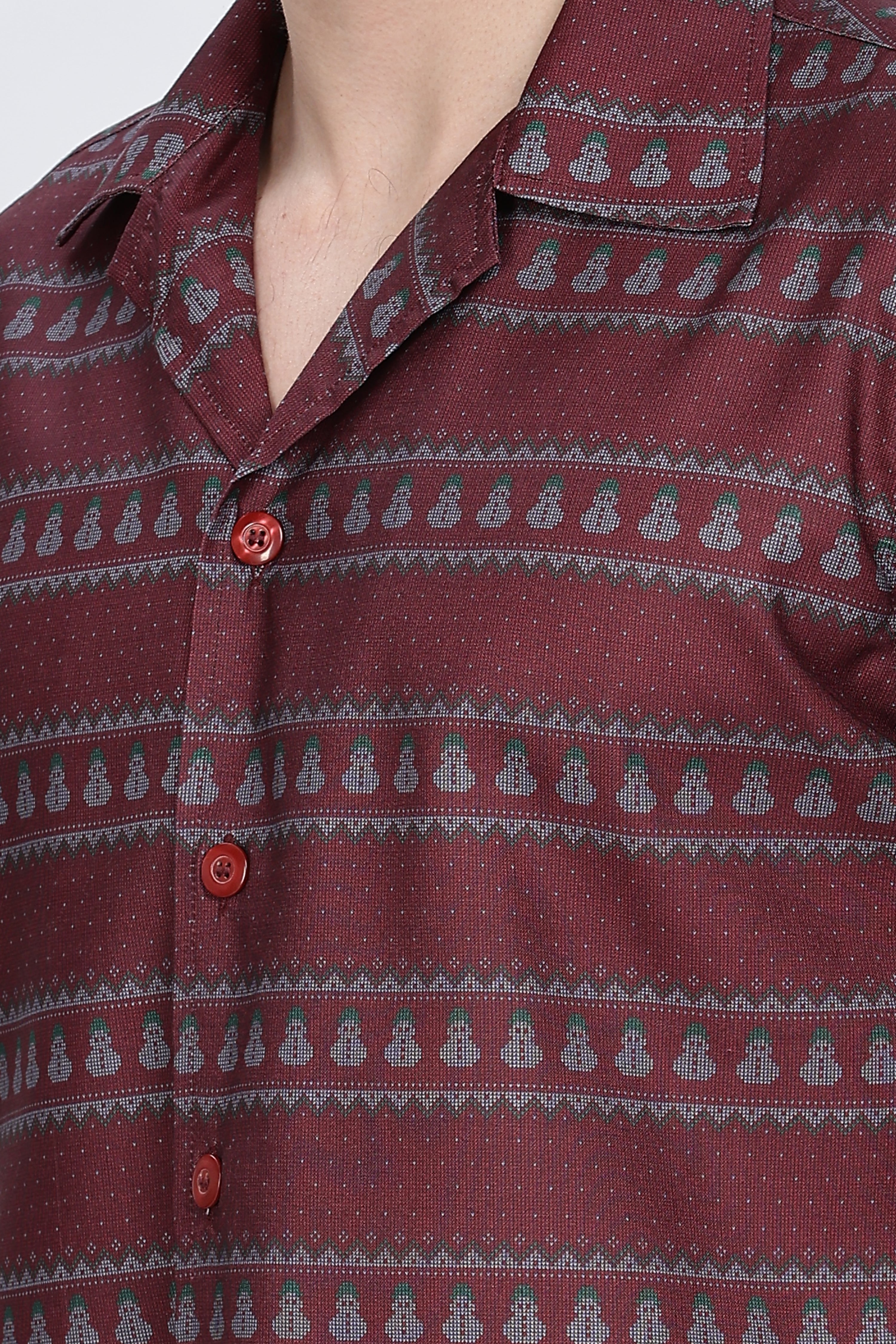 Printed Red Cuban Collar Casual Shirt Retro Men-5