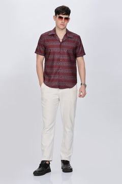 Printed Red Cuban Collar Casual Shirt Retro Men-4