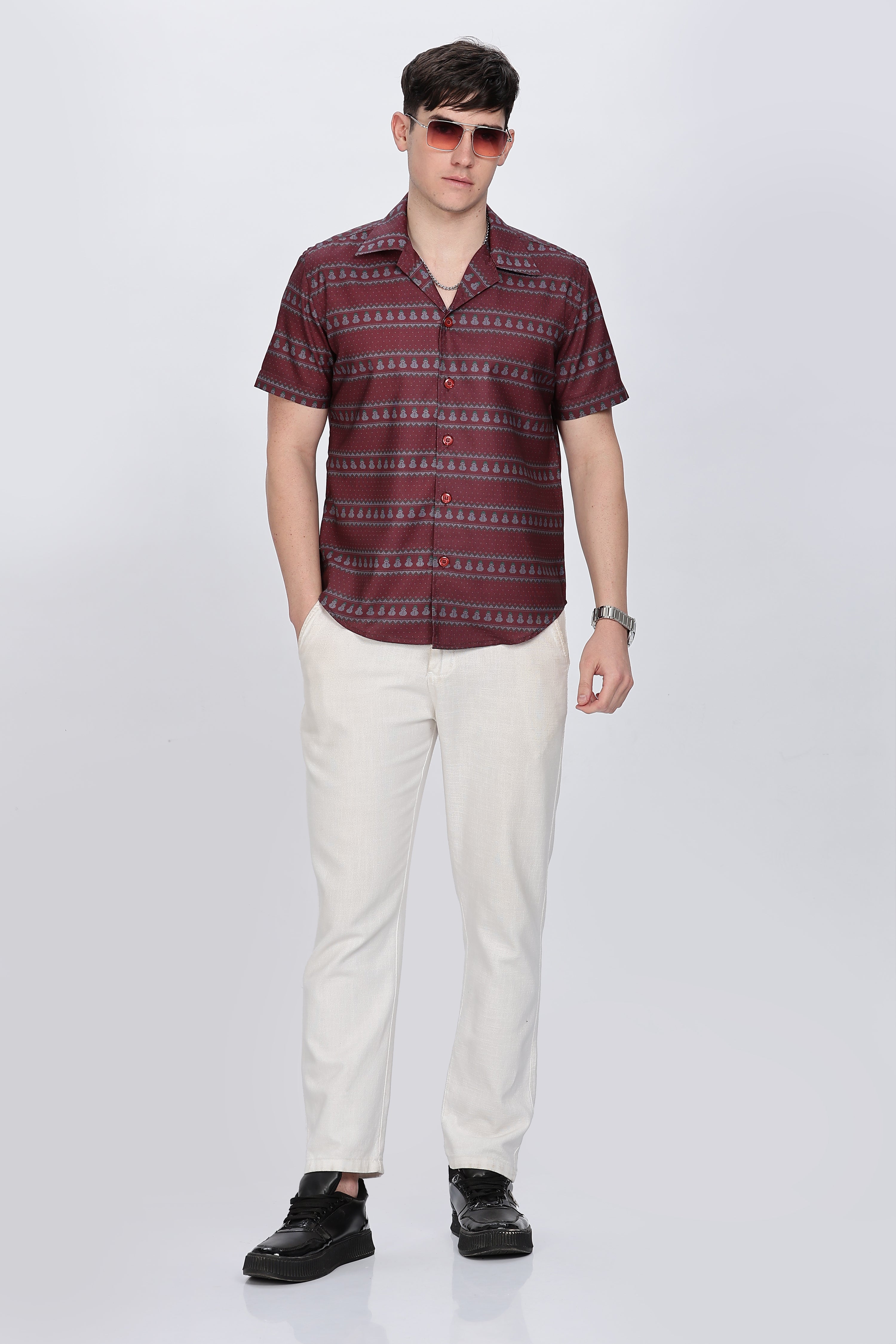 Printed Red Cuban Collar Casual Shirt Retro Men-4