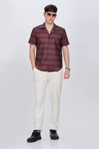 Printed Red Cuabn Collar Casual Shirt