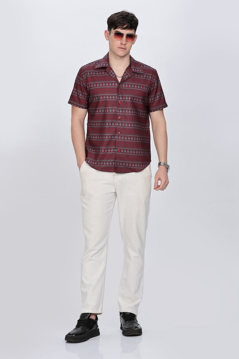 Printed Red Cuban Collar Casual Shirt Retro Men-4