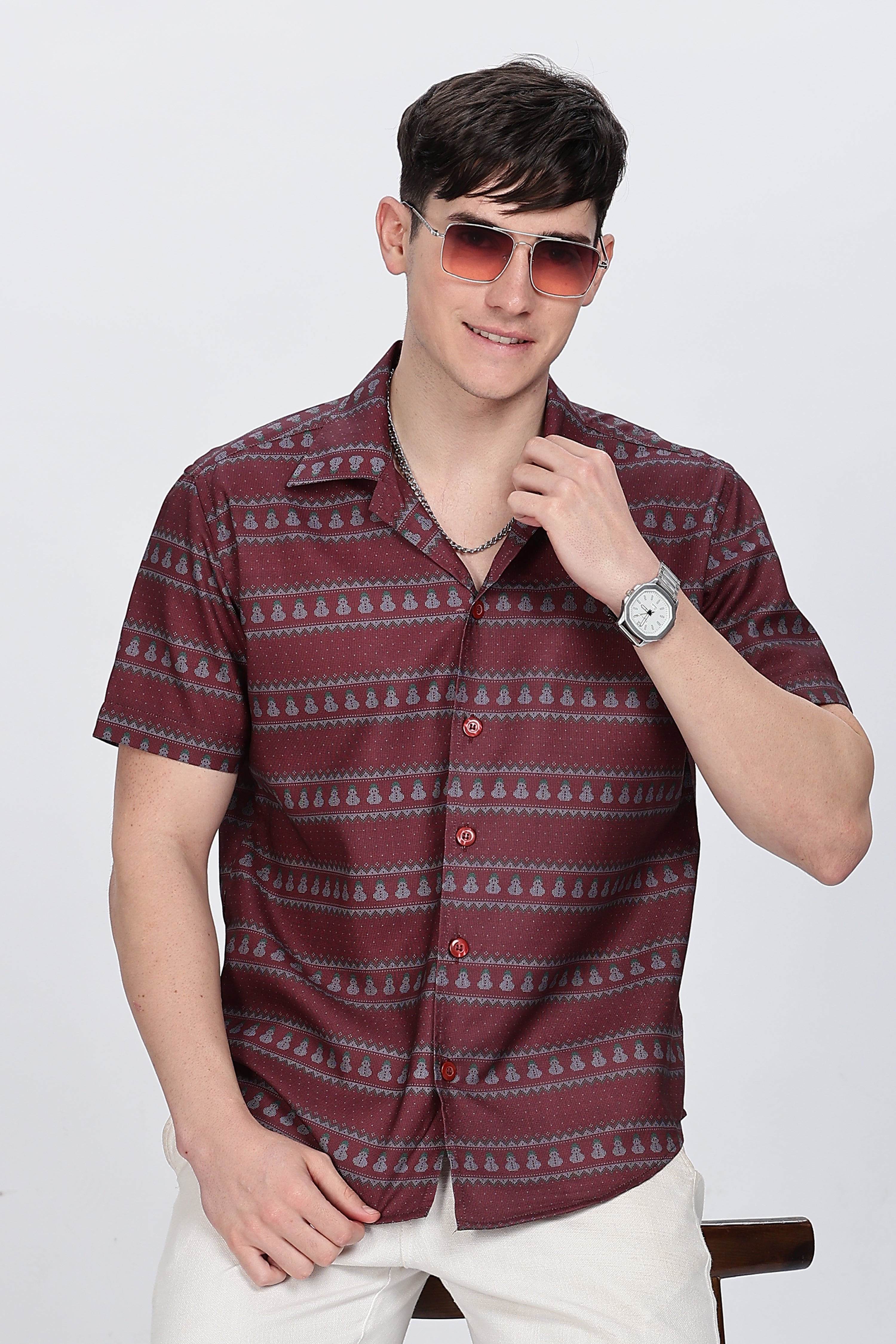 Printed Red Cuban Collar Casual Shirt Retro Men