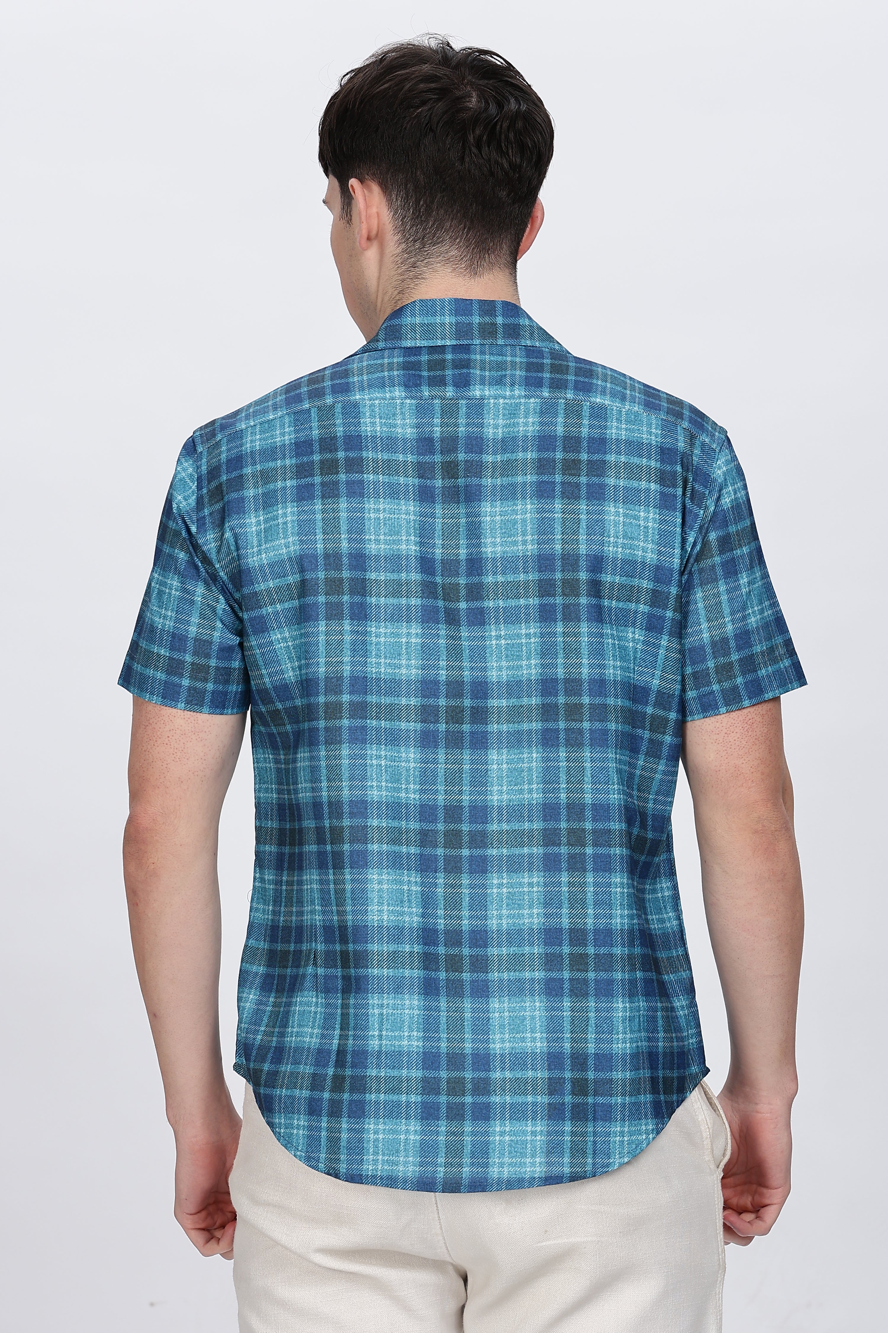 Mens Printed Cuban Collar Blue Shirt Retro Men-3
