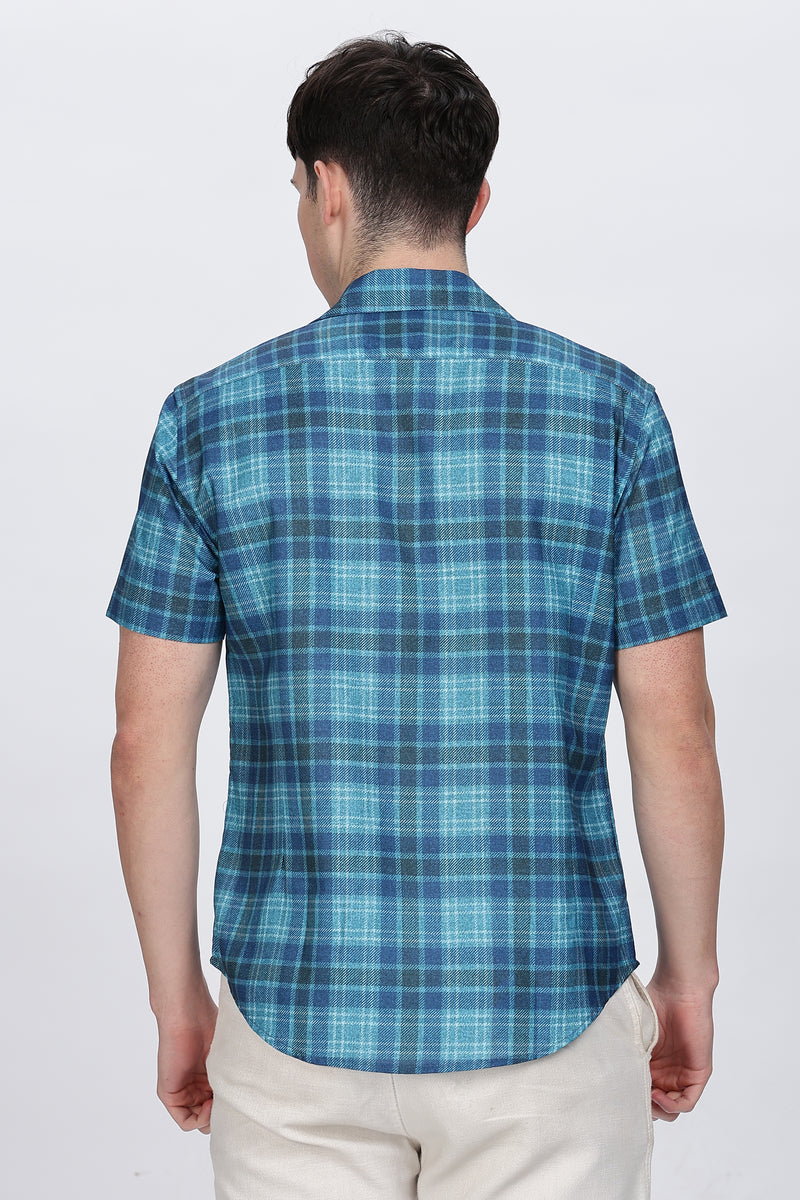 Mens Printed Cuban Collar Blue Shirt Retro Men-3