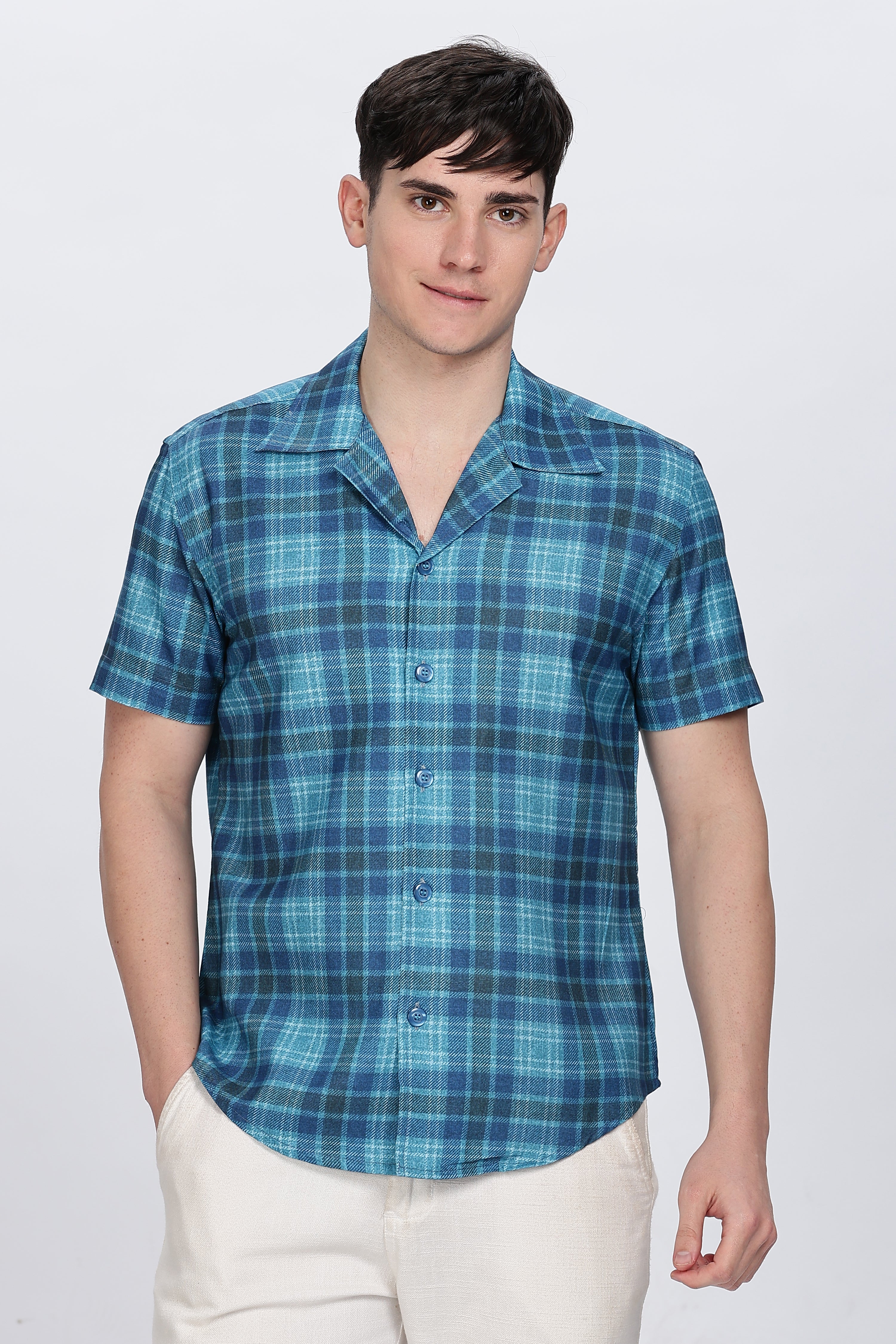 Mens Printed Cuban Collar Blue Shirt Retro Men-8