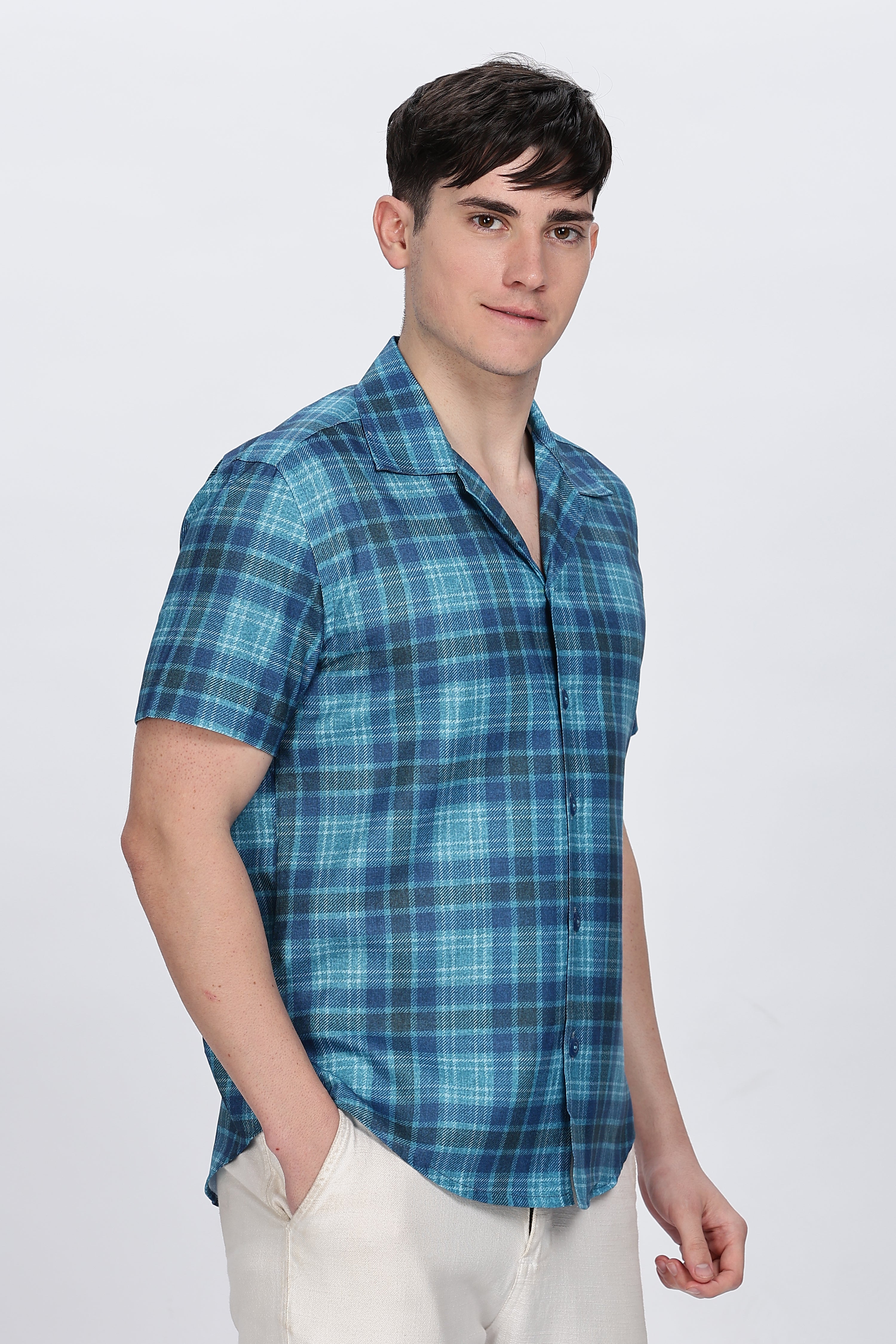 Mens Printed Cuban Collar Blue Shirt Retro Men