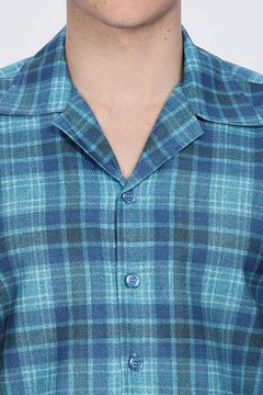 Mens Printed Cuban Collar Blue Shirt Retro Men-5