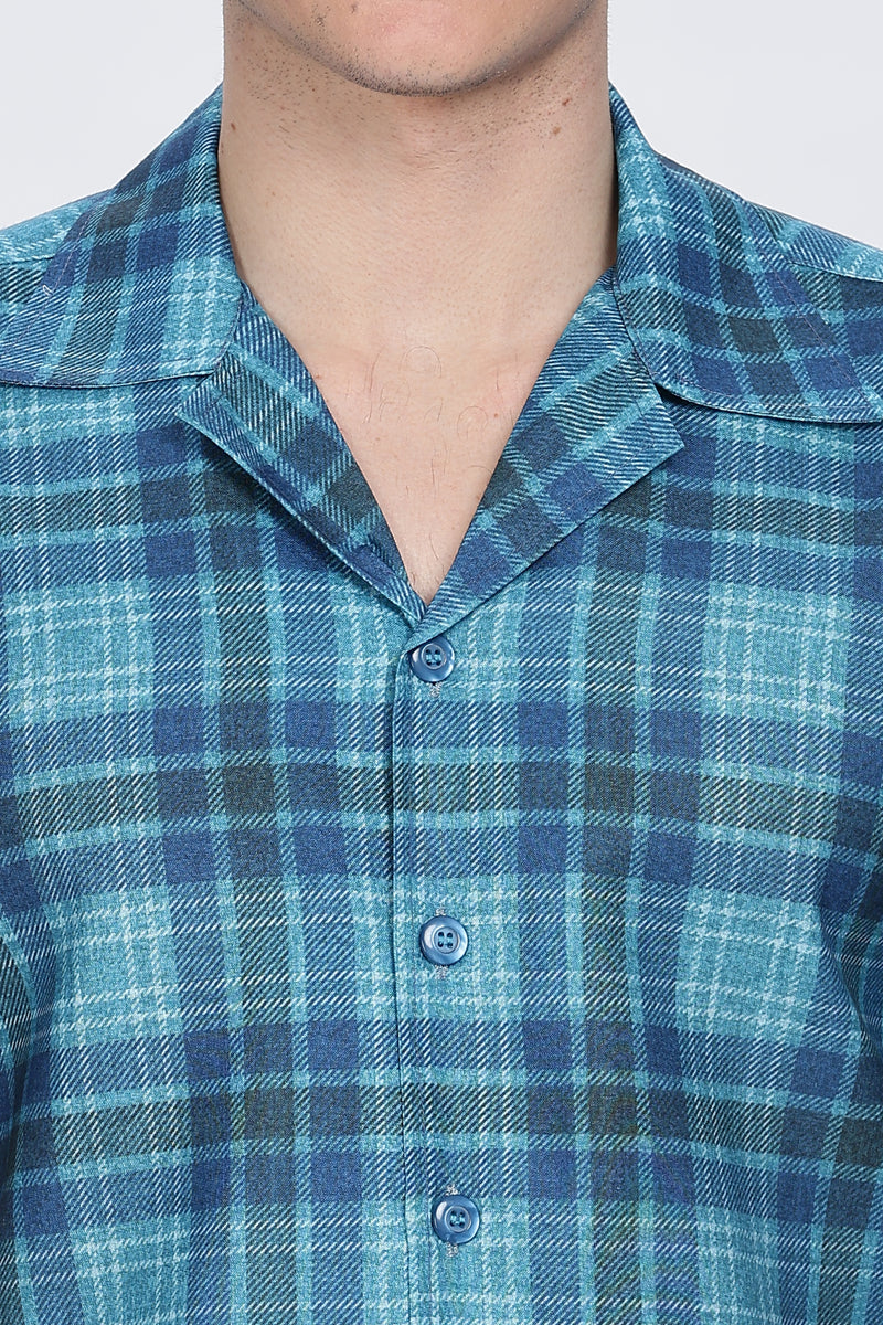 Mens Printed Cuban Collar Blue Shirt Retro Men-5