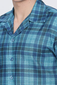 Mens Printed Cuban Collar Blue Shirt Retro Men-6