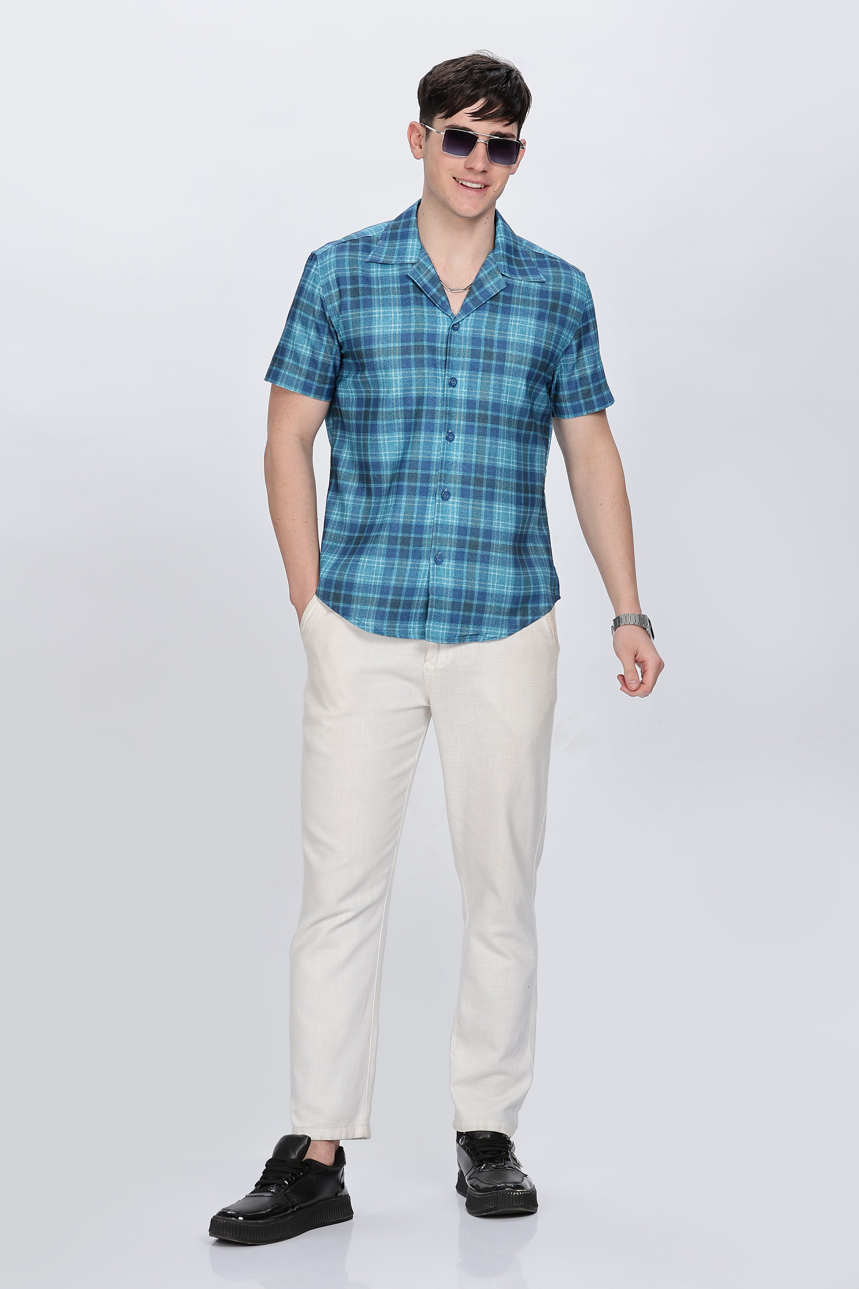Mens Printed Cuban Collar Blue Shirt Retro Men-7