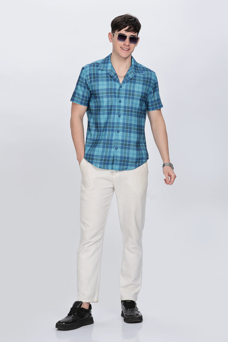 Mens Printed Cuban Collar Blue Shirt Retro Men-7