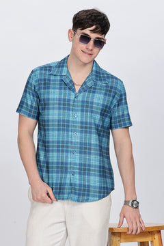 Mens Printed Cuban Collar Blue Shirt Retro Men-1