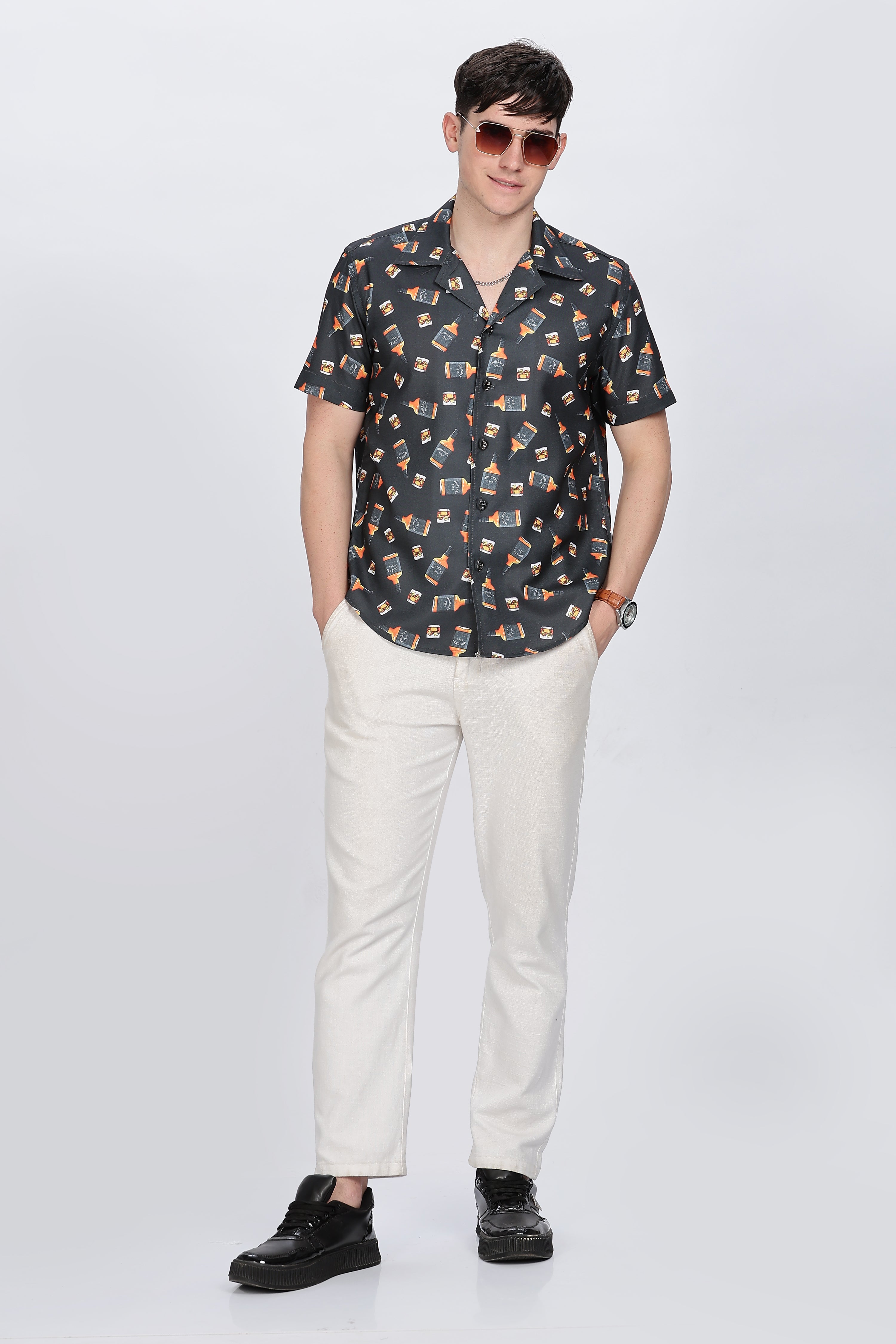 Bottle Printed Casual Cotton Shirt Retro Men