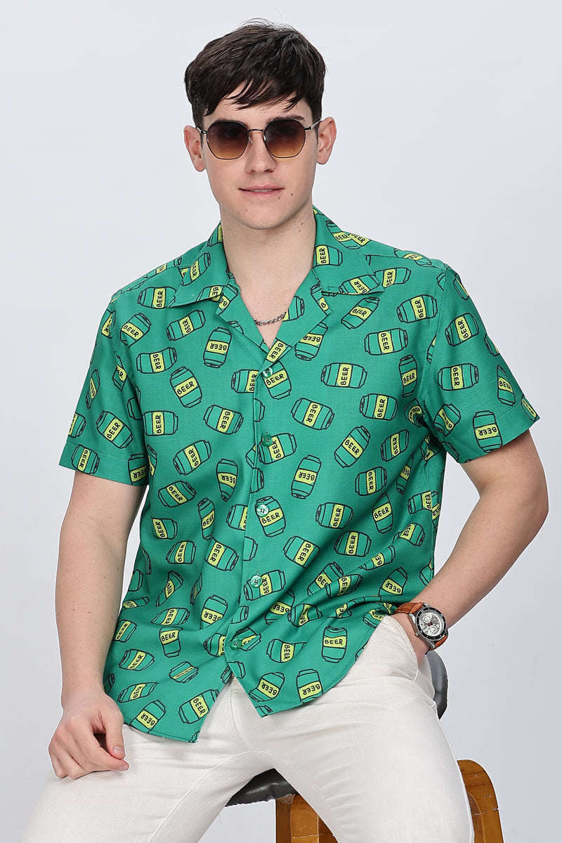 Regular Fit Printed Cuban Collar Casual Shirt Retro Men-1