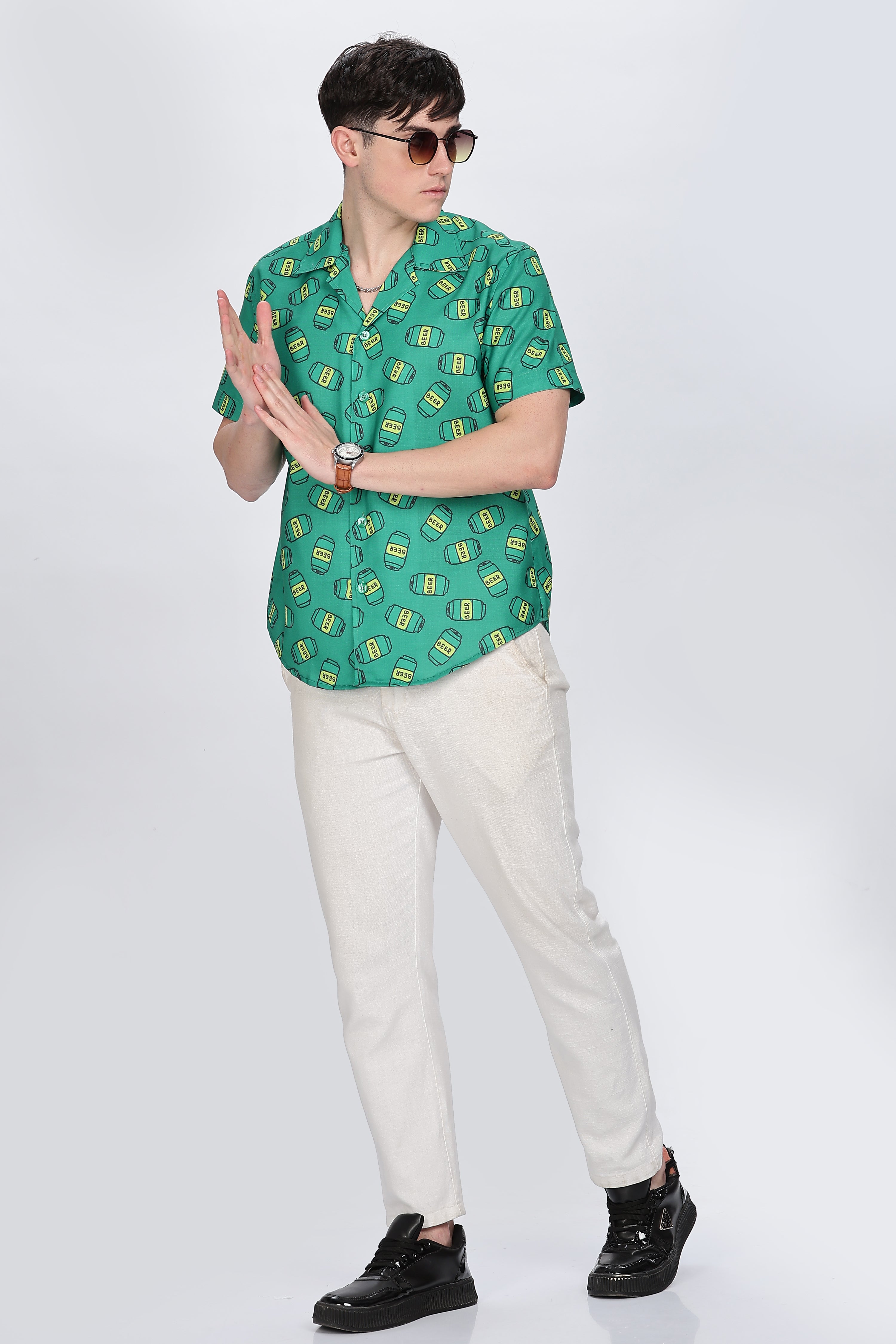 Regular Fit Printed Cuban Collar Casual Shirt Retro Men-3