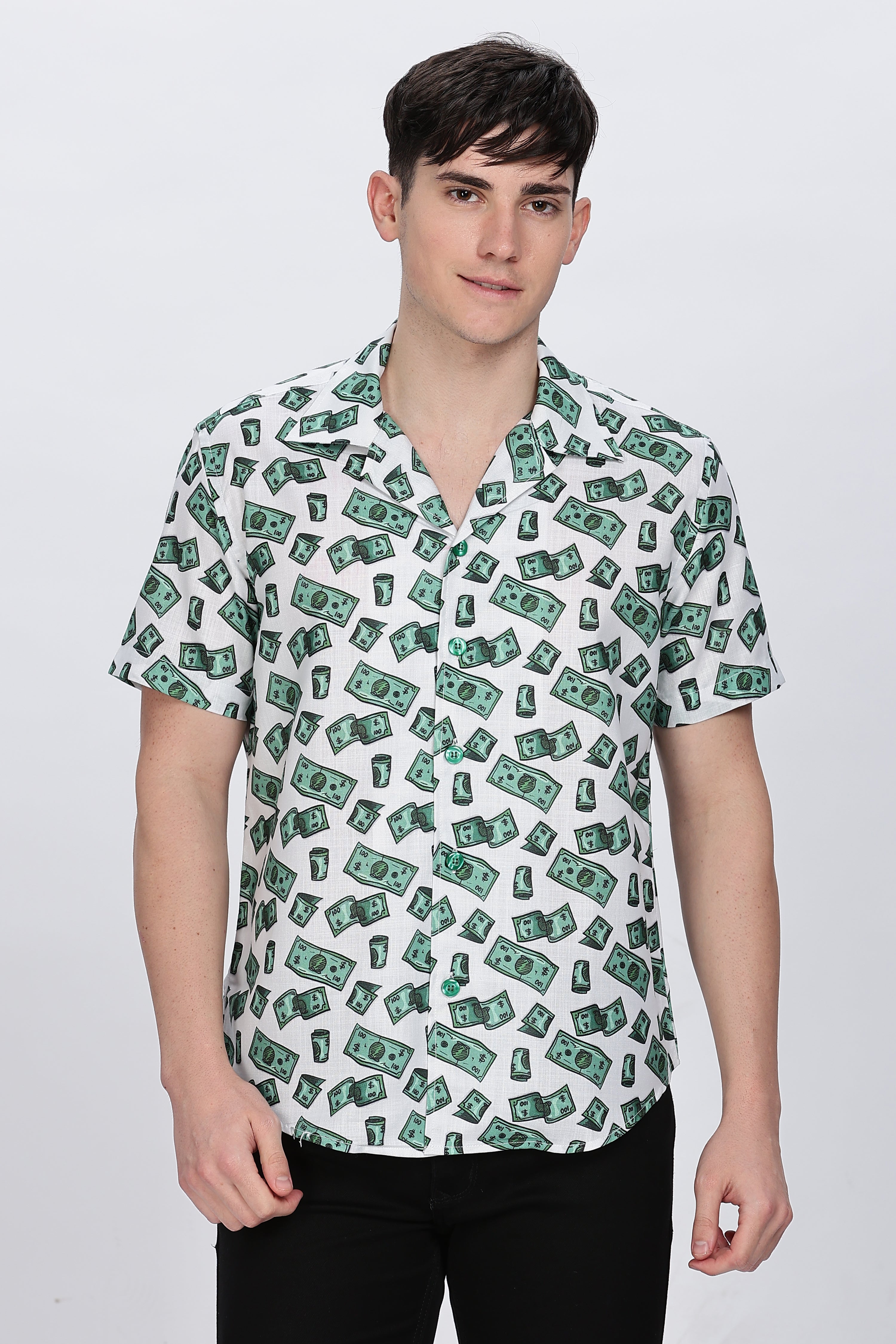 Mens Money Printed Cuban Collar Shirt Retro Men-6