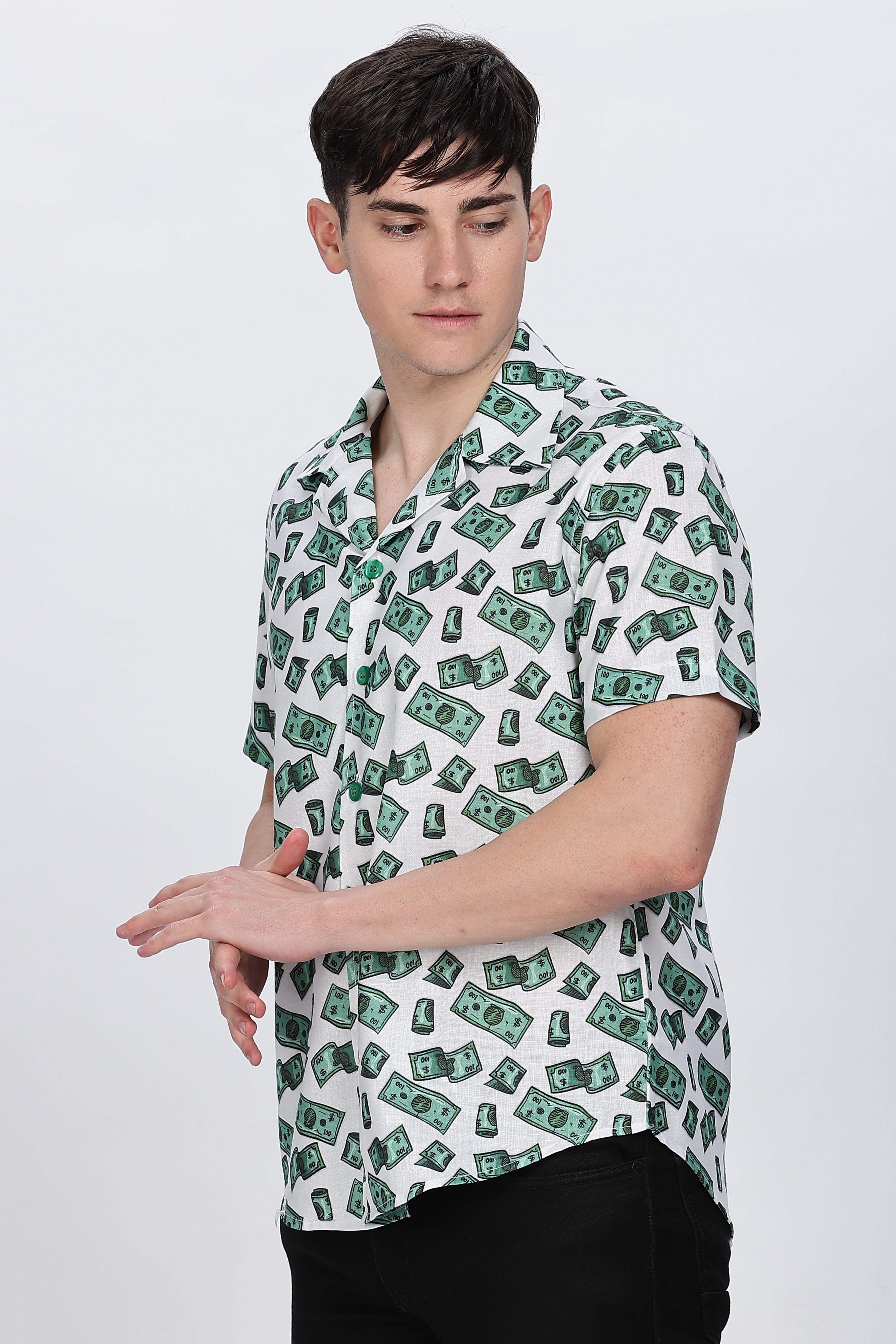 Mens Money Printed Cuban Collar Shirt Retro Men-8