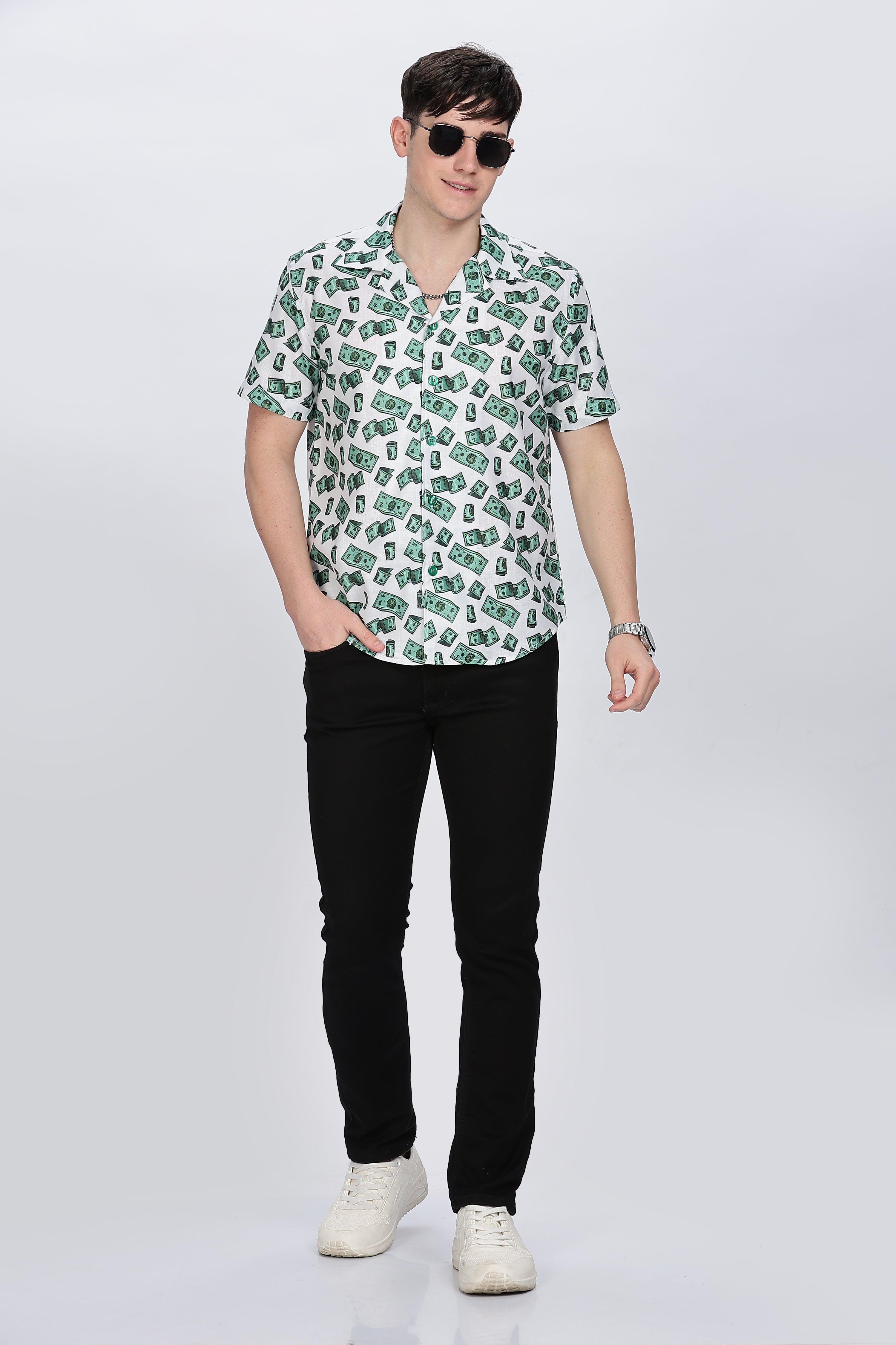 Mens Money Printed Cuban Collar Shirt Retro Men-3