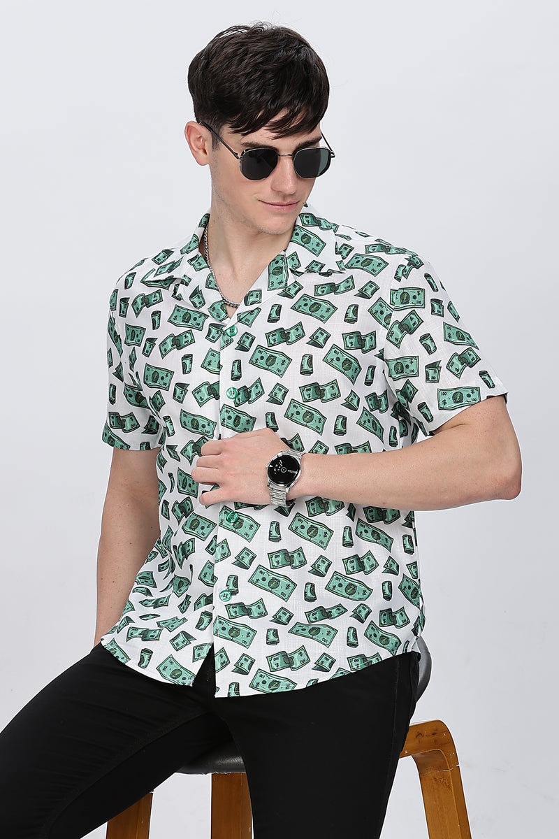 Mens Money Printed Cuban Collar Shirt Retro Men-1