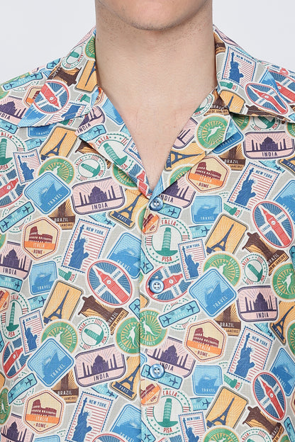 Printed Shirt Men Cuban Collar