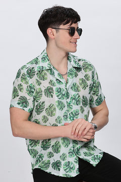 Leaf Printed Collar Casual Shirt Retro Men-1